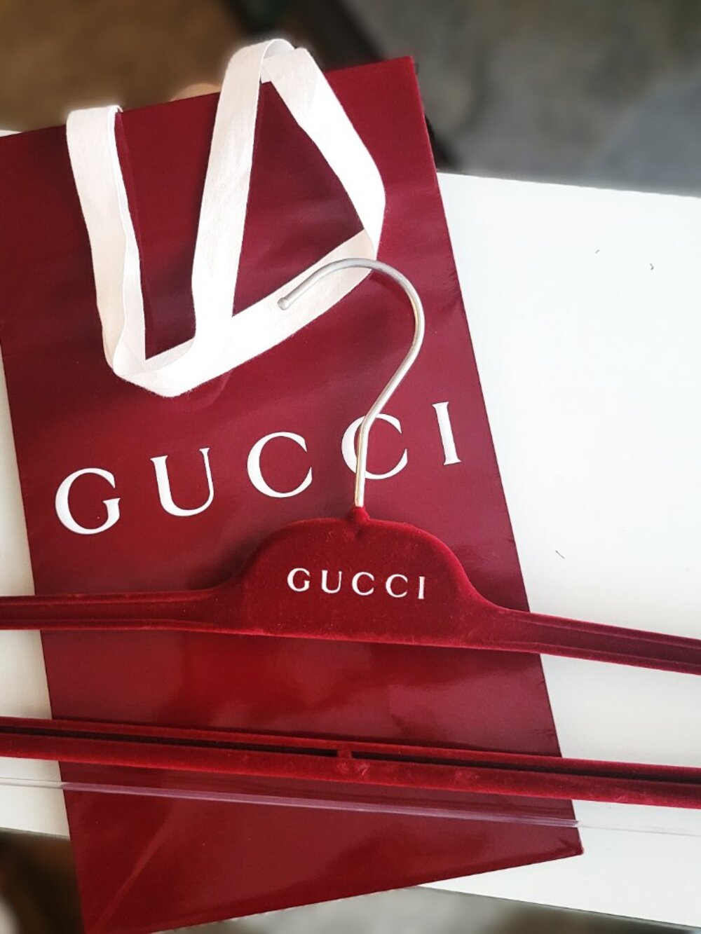 Maroon Shiny Gucci Shopping Bag & Velvet Hanger